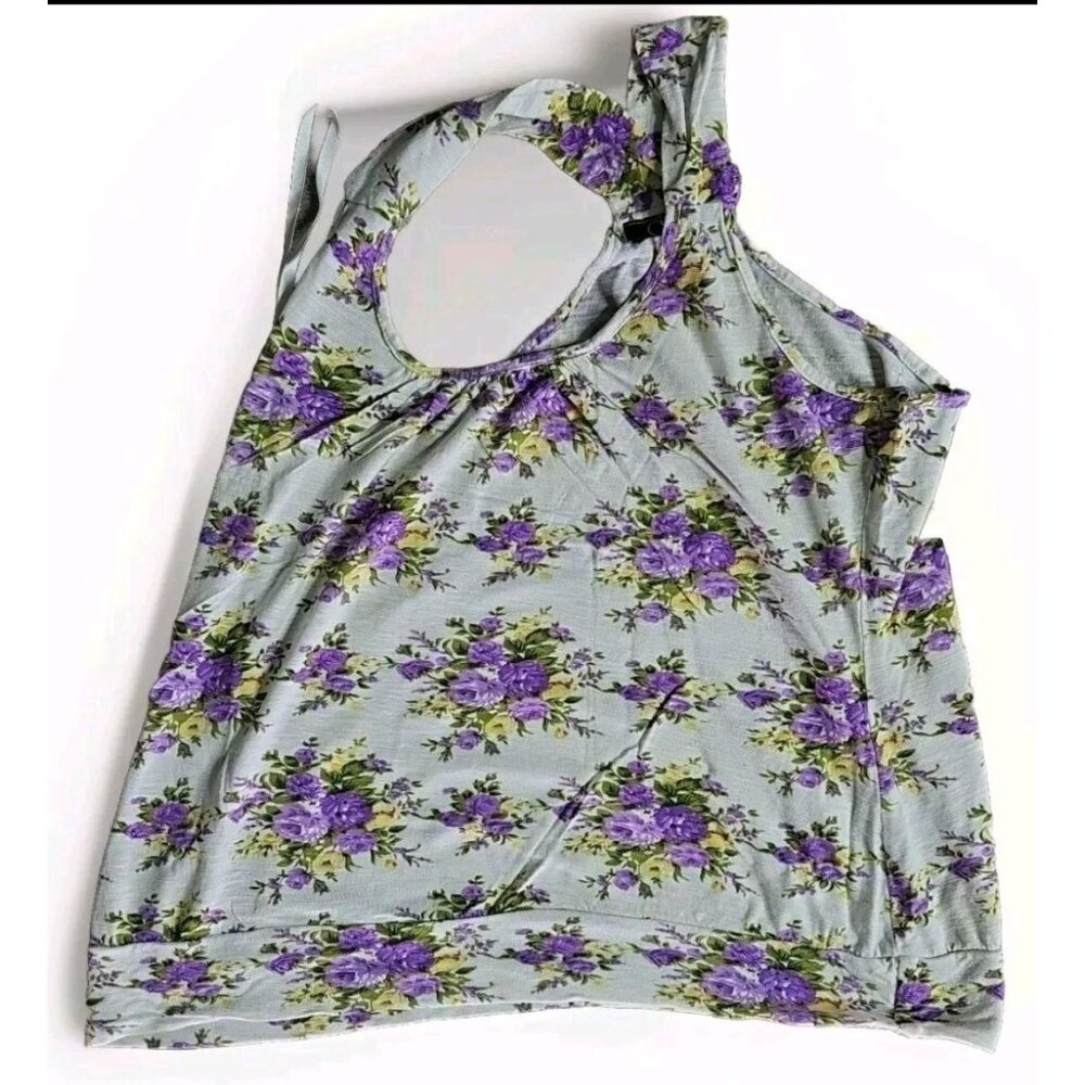 Deb Floral Tank Crop Top Beige with Purple Yellow Flowers Women L Distressed